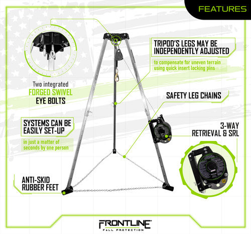 Frontline Fall TAN07RA-US Patriot™ 7' Confined Space Tripod with 3-Way Retrieval System - Made in USA