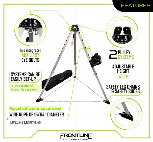 Frontline Fall TAN07RU MEGApod Confined Space Kit 7' Aluminum Tripod with 60' Winch