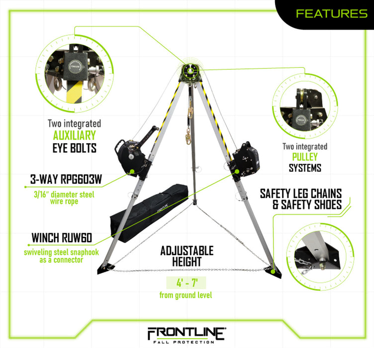 Frontline Fall TAN07RURP MEGApod Confined Space 7' Aluminum Tripod with 60' Winch and 3-Way SRL