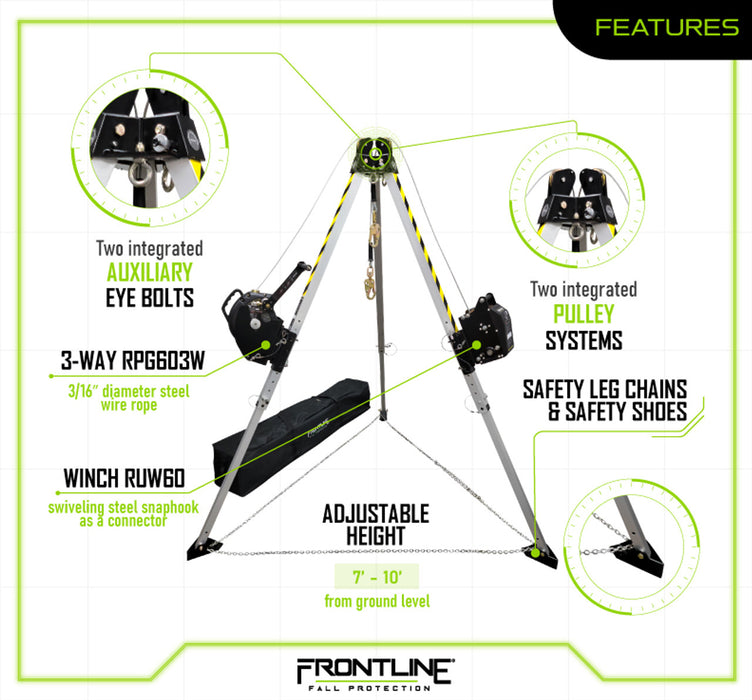 Frontline Fall TAN10RURP MEGApod Confined Space 10' Aluminum Tripod with 60' Winch and 3-Way SRL